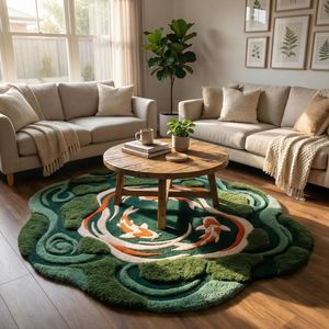 Moss Green Koi Pond Wool <b>Rug</b> Featuring Organic Irregular Edges and Hand Tufted Fish Design for Bedroom <b>Nursery</b> Kids Room Bulk - Product Image 3
