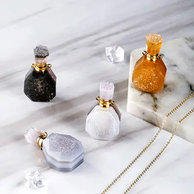 Segi Enam Poin Batu Alami Botol Parfum, Kalung Penyembuhan Kristal Minyak Esensial Aromaterapi Perhiasan
