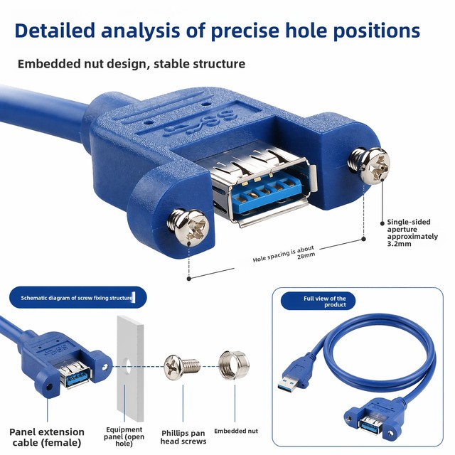 USB 3.0 Extension Cable Male to Female 1M 2M 3M, Panel Mount with Screw Fixing Holes, 5Gbps Blue Pure Copper Cord