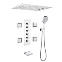 Système de douche mural encastré moderne 5 fonctions avec pommeau pluie, bec cascade, jets latéraux et mitigeur thermostatique