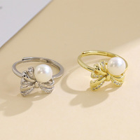 Bague ajustable à nœud papillon avec bouton, perle d'eau douce AAA, plaquée rhodium R.GEM. Accessoire de Montage DIY pour Bijoux Délicats pour Femmes S925