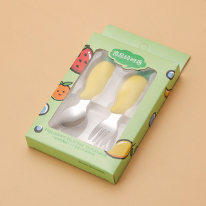 Ensemble cuillère et fourchette pour enfants en acier inoxydable, carotte, maïs, banane, ensemble de vaisselle en silicone pour bébé, enfants - Product Image 6