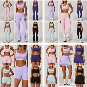 2 件套儿童女式无缝瑜伽套装健身瑜伽服喇叭裤套装瑜伽裤短裤女式运动服裤子套装 SQ4501 - Product Image 4