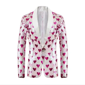 Balo takım elbise ceket için parlak pullu Blazer kalp Slim Fit spor Coats düğün ziyafet erkekler için smokin moda Blazer ceket