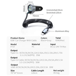 Caricabatterie da Auto 65W PD Super Veloce con Cavo a Spirale 3-in-1 <span class=keywords><strong>Adattatore</strong></span> per <span class=keywords><strong>Accendisigari</strong></span> (2 Type-C 1 <span class=keywords><strong>USB</strong></span>) - Product Image 4