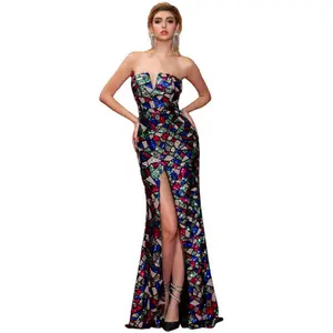 Nanchang Auyan New Geometric Strapless Irregular Slit Sequin Party Drawing Long Sequin Colorful Bodycon Dress