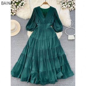 Nuevo Vestido Maxi American Chic para Mujer, Cuello en V, Manga Corta, Vestidos de Mujer, Corte en A, Cintura Alta, Vestidos Plisados Femeninos - Product Image 4