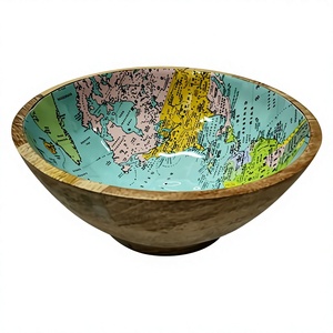 Vaisselle Vaisselle Bols En Bois Bols De Service Décoratifs En Bois Avec Émail Imprimé Carte Du Monde Bol Pour La Maison & Hôtel Ustensiles De Cuisine - Product Image 1