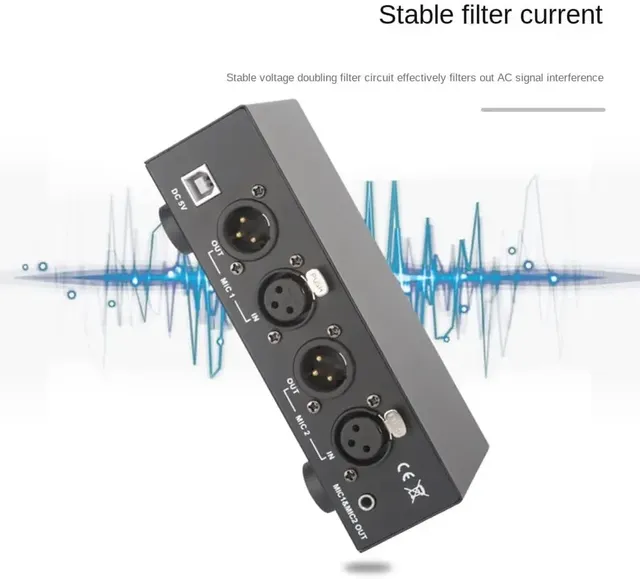 2 Channel 48V Phantom Power Supply with Metal 35mm Audio Cable for Condenser Microphone and Music Recording Equipment RU-2P48V