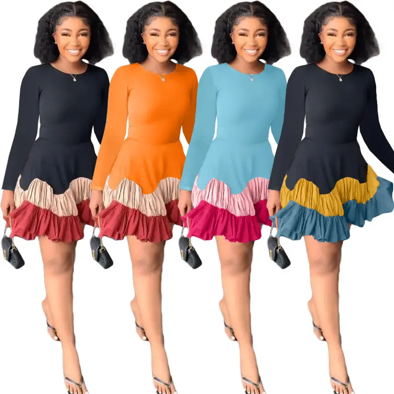 2023 Hot Ladies Casual Dress Ruffled Patchwork Street Wear Autumn Plus Size Long Sleeve Womens Dresses