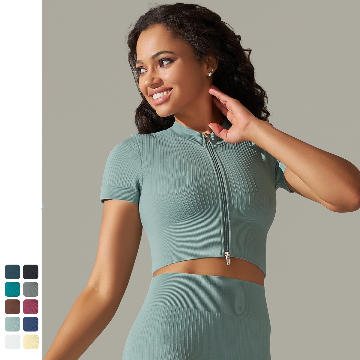 Women's Lightweight Seamless Knitted Collar Zipper T-shirt Solid Color Sports Running Fitness Yoga Top Short Sleeve Breathable
