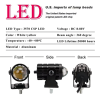 Mini phare de moto JHS, projecteur LED, éclairage auxiliaire, 12V 24V, blanc jaune double couleur, pour moto, VTT, camion