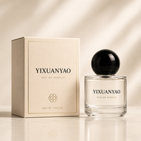 Botol Parfum Kaca Bulat Mewah dengan Pompa Semprot Tutup Bola Hitam Logo Kustom Kotak Hadiah 30ml 50ml 100ml