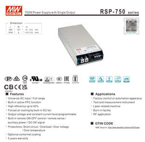 Alimentation à découpage à sortie unique Mean Well RSP-750-12 750W 12V 62.5A pour contrôle industriel - Product Image 2