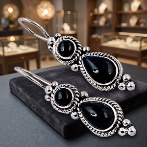 Ethnic Designer Women's Black Onyx Silver Geometric Hoop Earrings for Party Fashionable and Stylish - Product Image 1