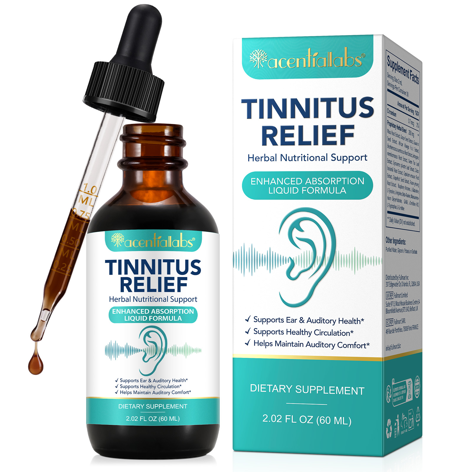 Acentiallabs Natural Fast Absorption Tinnitus Relief Liquid Drops For Ear Health Support Auditory Comfort