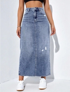 Oem ODM Chất lượng cao Phụ nữ thêu denim maxi váy giản dị cao tầng đường phố chia fray Midi váy - Product Image 2