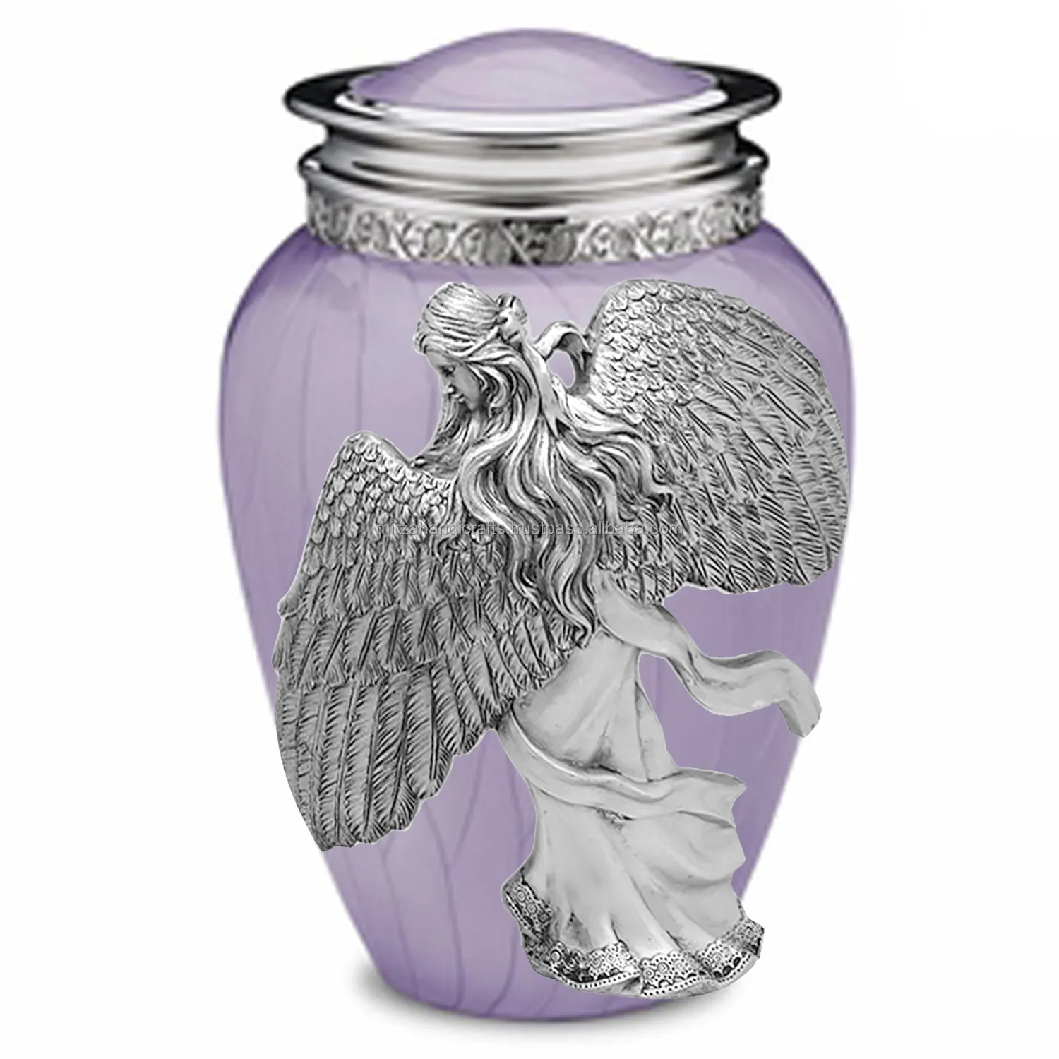Las alas de un ángel de plata púrpura urna está en un fluido vestido-hecho a mano de Metal sólido urna para las cenizas.