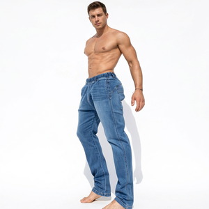 Wholesalers Online Men's Mid-Rise Straight Fit Slim Breathable <b>Jeans</b> Regular Wash Solid Blue Cotton Casual Pants <b>Button</b> <b>Fly</b> - Product Image 3