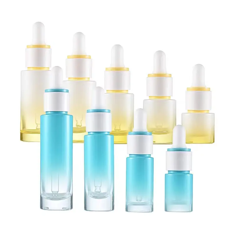 Körperpflegeverpackung rund 5 ml 10 ml 15 ml 30 ml blaugele gelbverlauf mattglas tropfflasche mit gummibetropffasche