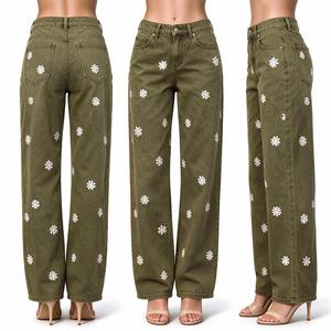 Jean droit <span class=keywords><strong>taille</strong></span> <span class=keywords><strong>basse</strong></span> pour <span class=keywords><strong>femme</strong></span>, broderie florale, détails marguerites blanches, style décontracté streetwear - Product Image 1