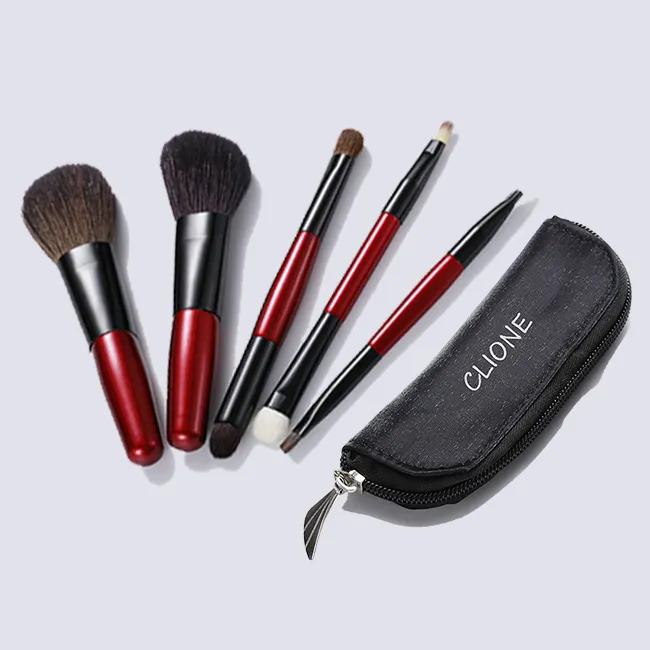 5 pezzi soffici all'ingrosso Double Sided Beauty Travel Goat Hair Mini Powder Set di pennelli per trucco personalizzati con borsa