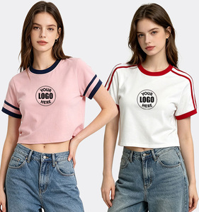 เสื้อยืดครอป Y2K ผ้าโพลีเอสเตอร์ 95.1% สแปนเด็กซ์ 4.9% ลายทางตัดกันสไตล์สาวแซ่บ แขนสั้น ทรงเข้ารูป สำหรับผู้หญิง พร้อมโลโก้แบบกำหนดเอง - Product Image 1