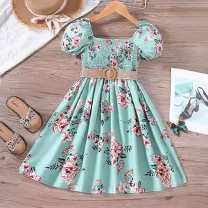 Wholesale Christmas 6-14Y Student Junior Kids Girl Summer Short Sleeve Floral Print Cotton Casual Girl Dress For Children