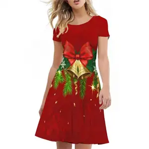 Venta al por mayor Dropshipping Navidad campana patrón sublimación impresión mujeres vestidos cuello redondo manga corta Midi vestidos