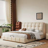 Lit Queen Moderne Italien Minimaliste de Luxe Léger avec Cadre en Bois de Chêne, Pieds Métalliques Réglables, Rangement en Cuir Véritable et Double Coussin Rembourré