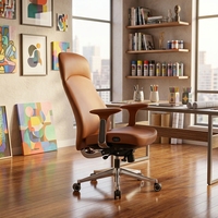 Fauteuil de bureau moderne en cuir orange avec accoudoirs fixes, pivotant, avec coussin chauffant et rafraîchissant pour usage domestique ou professionnel