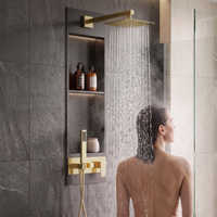 Ensemble de douche encastré haut de gamme poli avec étagère de rangement LED, pommeau de douche pluie douce, douchette à main et mitigeur