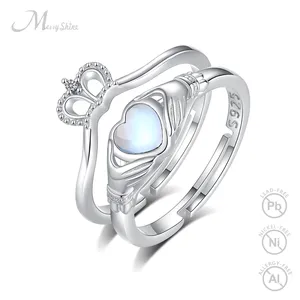 Merryshine 925 Sterling silver 2 Pieces celtic jewelry gifts diamond opal moonstone Irish claddagh ring