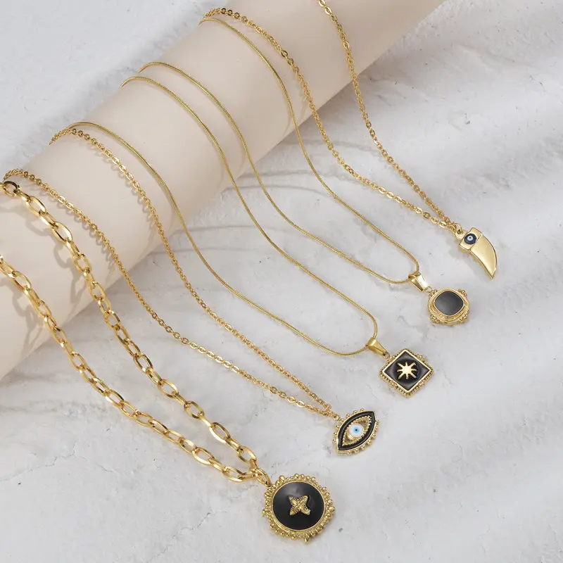 YICAI Trendy Edelstahl Türkisch Black Star Evil Eye Halskette Für Frauen 14 Karat Gold Herz Auge Anhänger Halskette
