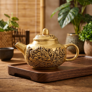Théière traditionnelle chinoise en laiton avec couvercle et poignée, couleur dorée, design décoratif - Product Image 2