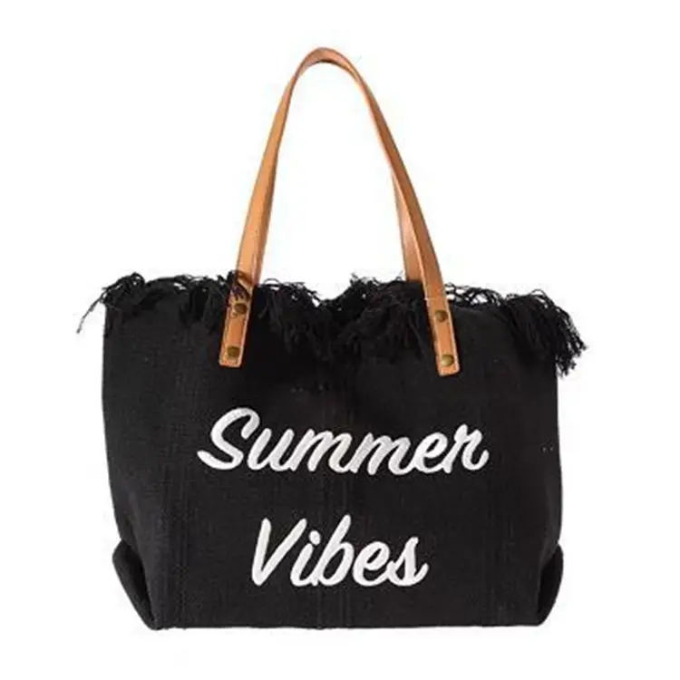 Оптовая продажа, Экологичная женская летняя парусиновая сумка с кисточками с кожаными ручками и бахромой