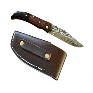 Cuchillos Rajput de Acero de Damasco de Grado Industrial, Cuchillo de Caza con Mango de Madera y Funda de Cuero, Hoja de Punta Caída OBM, Borde Recto - Product Image 1
