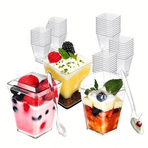 Wholesaler 2oz 3oz 5oz 7oz Mini Dessert Cups Mousse Pudding Parfait Cups Square <b>Clear</b> Plastic Dessert Cups with Lid and Spoons - Product Image 1
