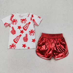 T-shirt a maniche corte con stampa Cheer per bambine e pantaloncini in pelle lucida, 2 pezzi, abiti estivi - Product Image 2