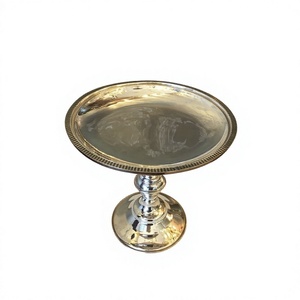 Round Silver Cake Stand Handmade Metal Pedestal Serving Tray Beaded <b>Border</b> Design For Events Party Decorations Dessert <b>Display</b> - Product Image 1