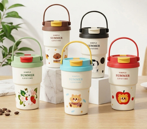 Thermos à café mignon de 400 ml, en acier inoxydable 304, tasse isolée sous vide avec poignée de transport portable, gobelet de voyage anti-fuite - Product Image 2