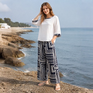 Ensemble 2 pièces en lin mélangé à imprimé <span class=keywords><strong>labyrinthe</strong></span> géométrique pour femme, haut à manches 3/<span class=keywords><strong>4</strong></span> et pantalon large décontracté - Product Image 5