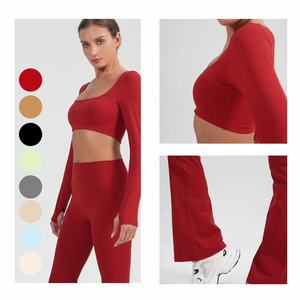 Femmes taille haute réversible respirant Yoga Fitness porter 2 pièces ensemble couleur unie mode vêtements de sport - Product Image 1