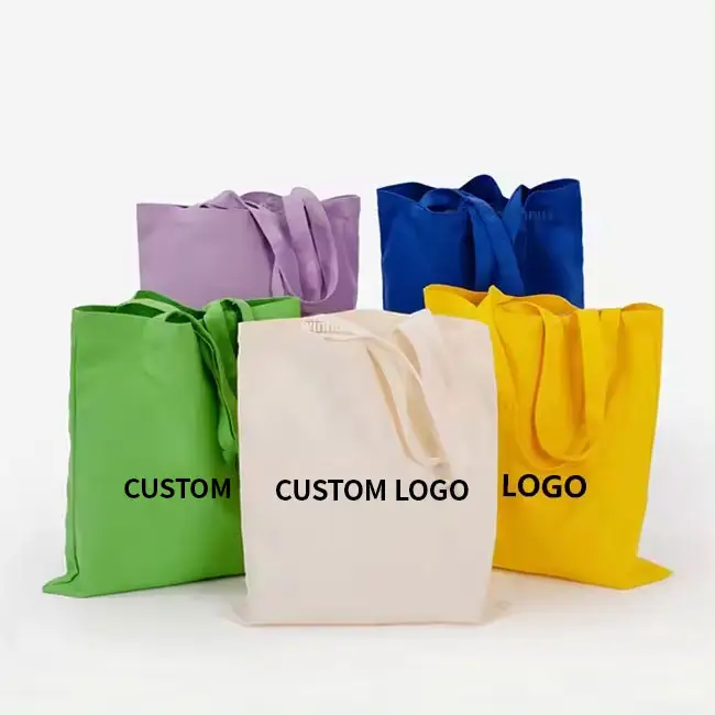 Sacola de compras de algodão em tecido orgânico liso reutilizável ecológico para compras com logotipo personalizado estampado carta padrão