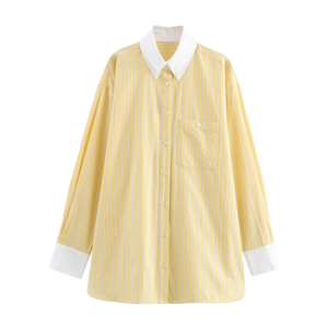 2025 Damen Gestreiftes Loses Hemd Langarm Casual Top Retro Revers Knopfleiste Popeline-Stoff Frühling Herbst - Product Image 1