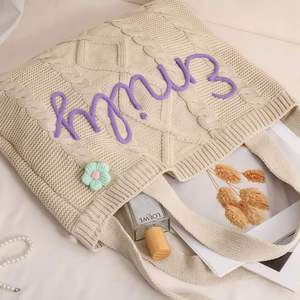 Personalized Crochet <b>Tote</b> <b>Bag</b> Custom <b>Knitted</b> Shoulder <b>Bag</b> Cable <b>Knit</b> Beach <b>Bag</b> for Women Bridesmaid Gift - Product Image 5