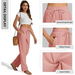 FOXA Pantalones de lino para mujer, cintura alta, con cordón, corte holgado, pierna recta, pantalones de verano con bolsillos laterales, transpirables - Product Image 5