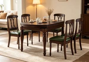 Vintage <b>Extendable</b> Dark <b>Wood</b> <b>Dining</b> <b>Table</b> Set, 6 Seater with Green Leather Chairs - Product Image 3