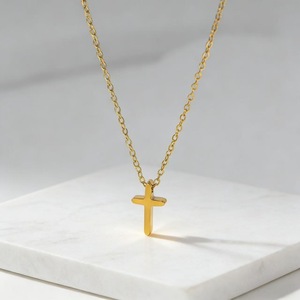 Stainless Steel Cross Pendant <b>Necklace</b> Gold Color <b>Small</b> Size Everyday Wear Unisex Jewelry - Product Image 1