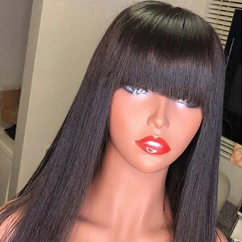 Best Sell Natural Color Virgin Hair Straight Brazilian Human Hair Wigs with Bang Lace Front Wigs for Women